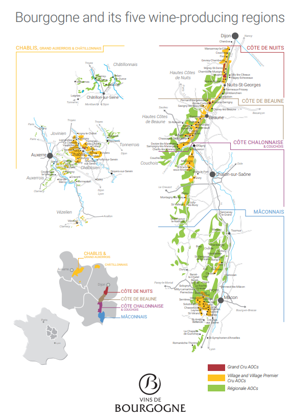 map of Burgundy wine regions - with all five subregions
