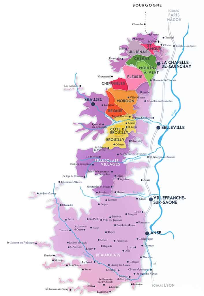 Map of the ten crus within the Beaujolais wine region