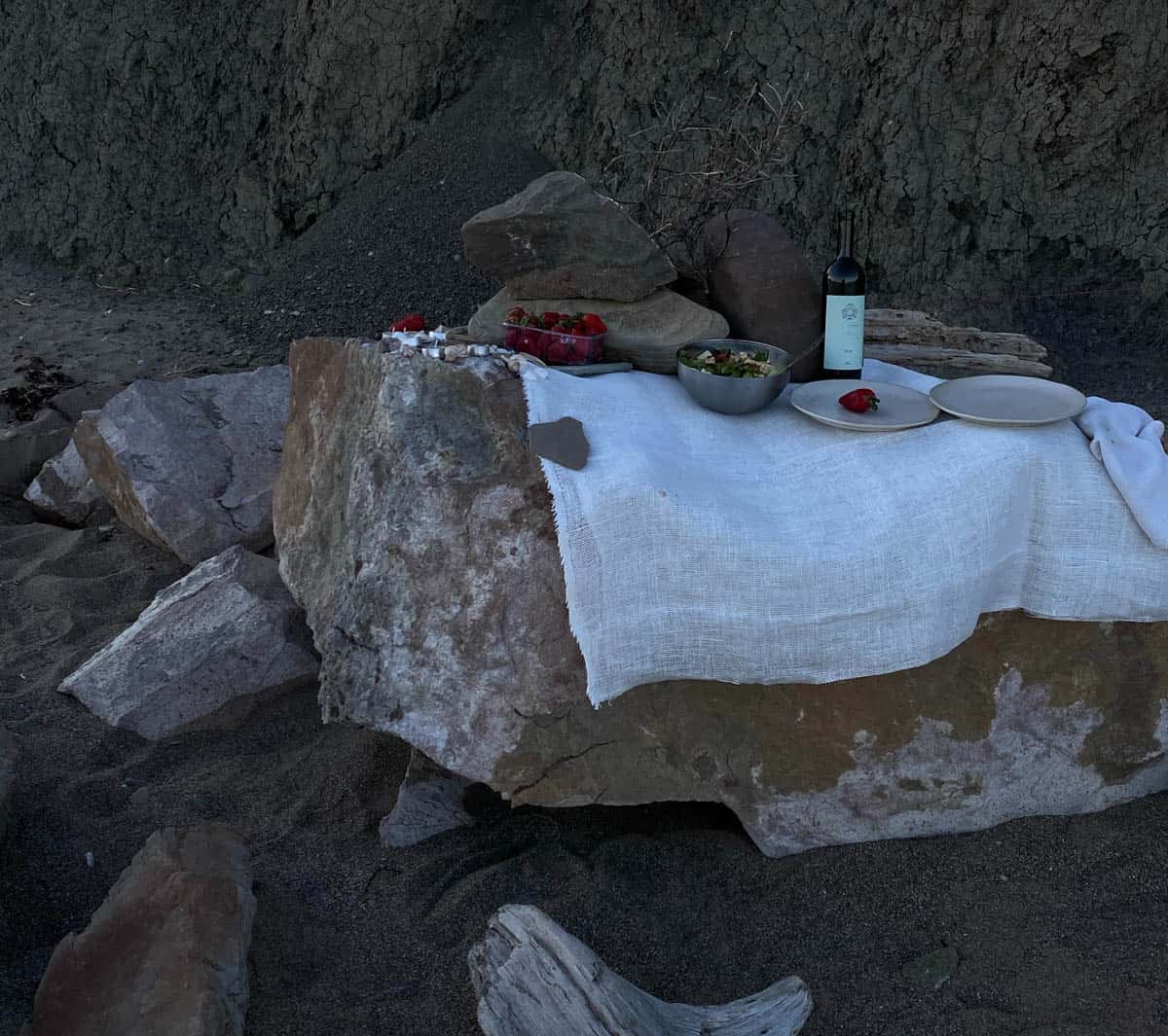 Gamay Picnic on the rocks with strawberries and Gamay wine