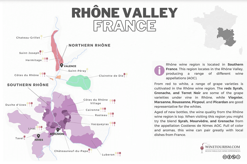 Map of specific wine appellations within the Rhone wine region