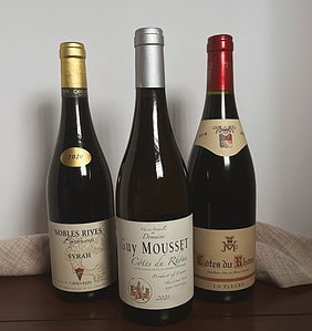 photo of three Rhone wines including Syrah, White Rhone and Red Cotes du Rhone