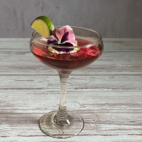 Queens Cup WIne Cocktail. Red liquid in a coupe glass garnished with rose petal, pansy flower and lime wedge on the glass.
