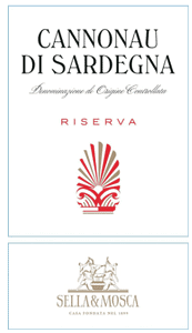Cannonau di Sardegna wine label. Large square on top with label and red and beige graphic in a shell or tree-like shape. Rectangle underneath with winemaker name in gold.