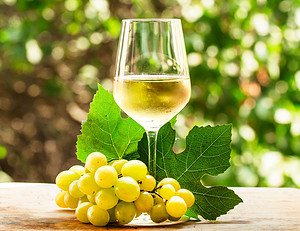 Glass of golden Chardonnay sitting in front of Chardonnay leaves and behind a Chardonnay grape bunch.