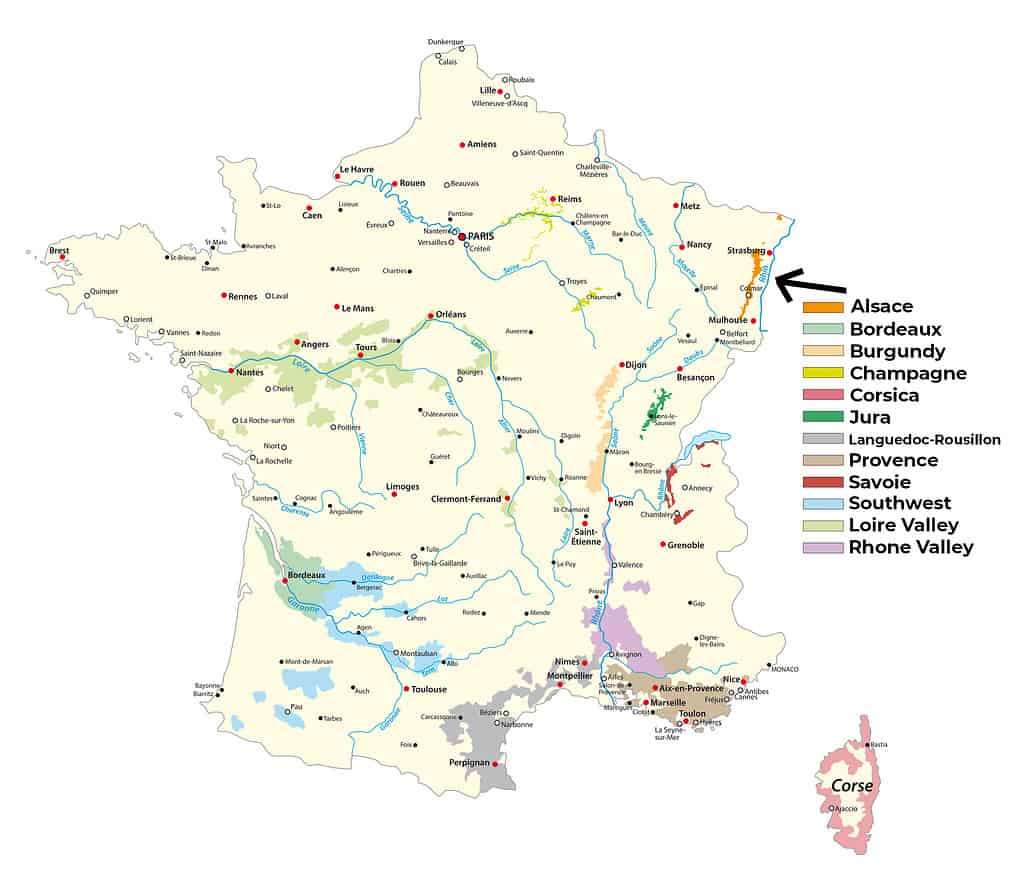 Map of France with the area of Alsace highlighted in the Northeast section of the hexagram shaped map.