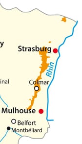 Close-up map of Alsace from Strasburg in the North, Colmar in the center and Mulhouse to the South.