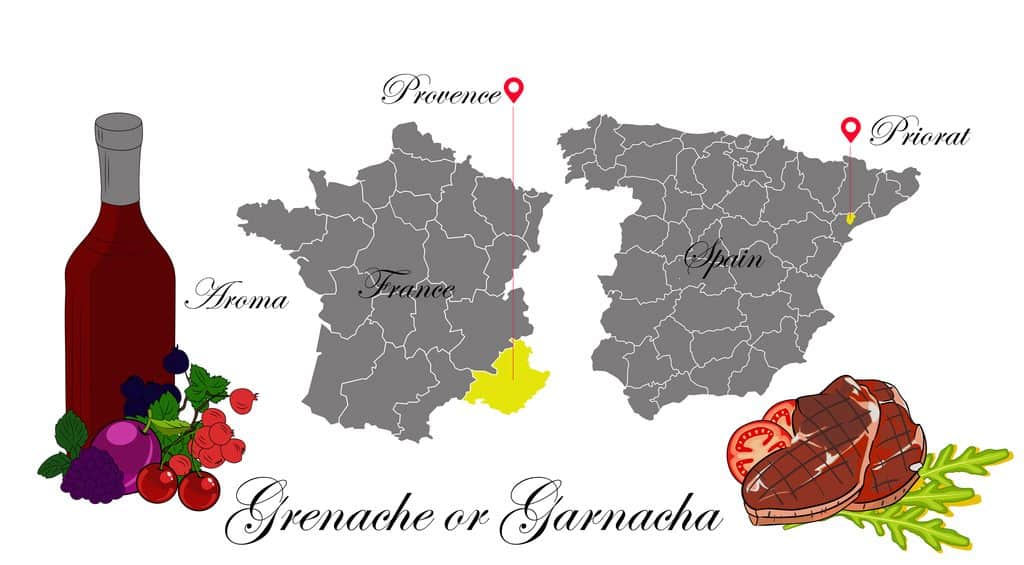 Grenache or Garnacha. The wine list. An illustration of a red wine with an example of aromas, a vineyard map and food that matches the wine.