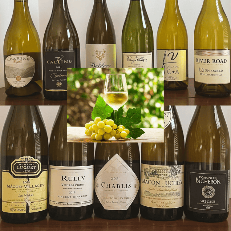 Several bottles of CHardonnay from Old and New WOrld sources. Center of image is glass of white wine surrounded by green grapes.