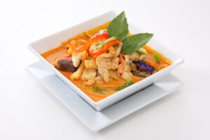 Thai Food Red Curry Chicken with bamboo Shoot and eggplant.