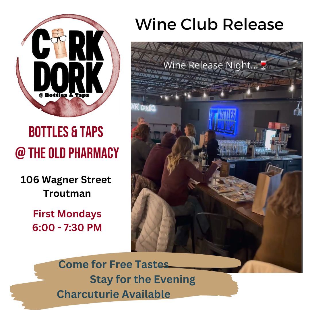 B&T Wine Club Release Event Ad Shows bar at Bottles and Taps during wine release with members at the bar enjoying wine and charcuterie