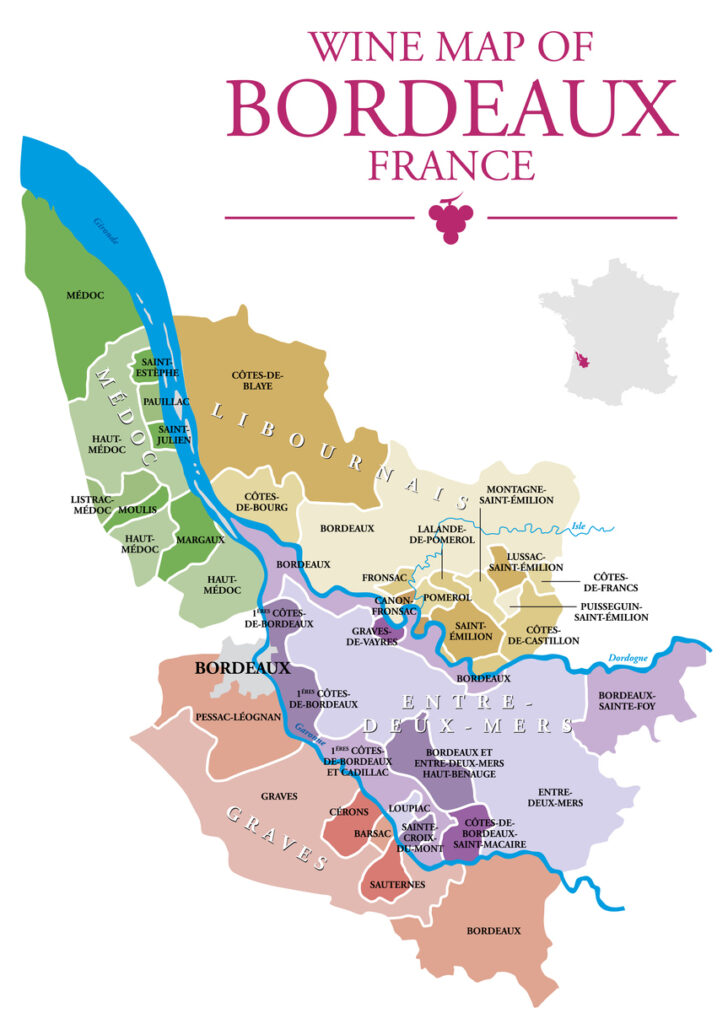 Map of Bordeaux wine regions showing left bank, right bank and Entre-du-Mers