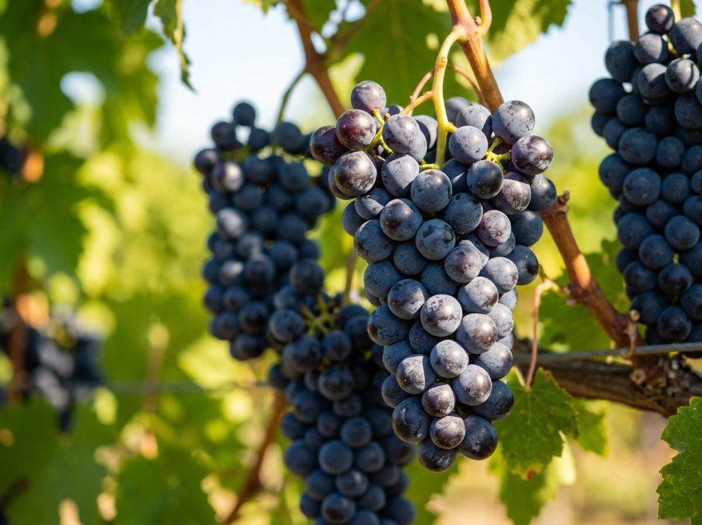 Mouvedre grapes hanging from the vine, fully ripe