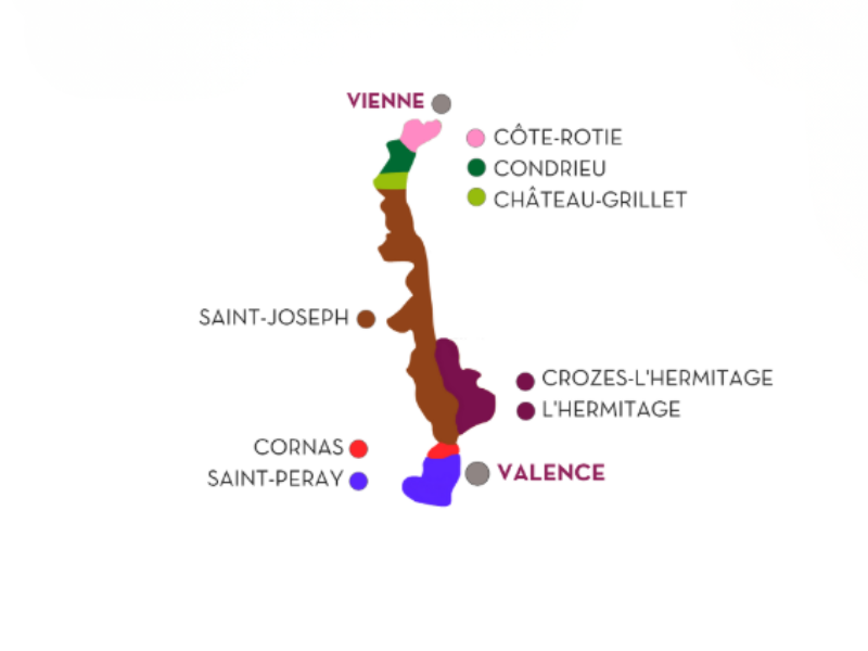 Map displaying the primary wine regions within the Northern Rhone
