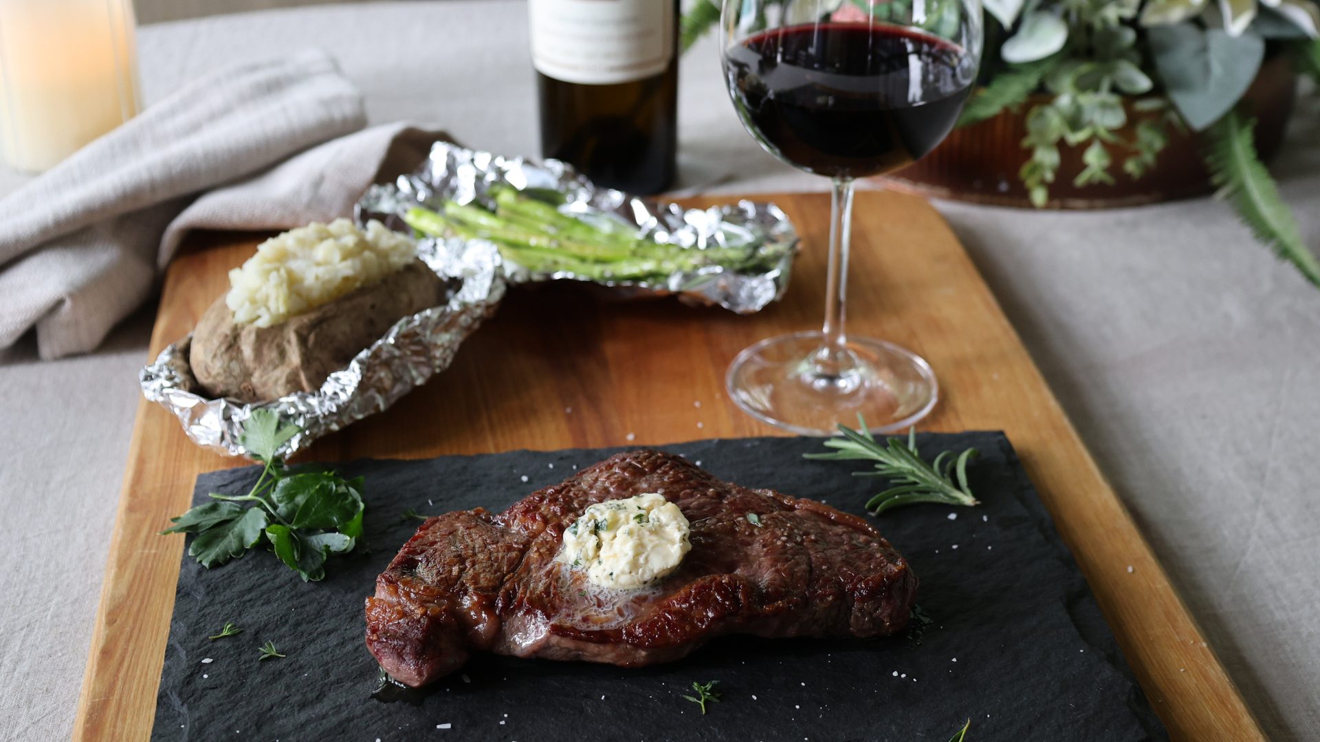 Grilled New York Strip with Herb Compound Butter and Napa Cabernet Sauvignon