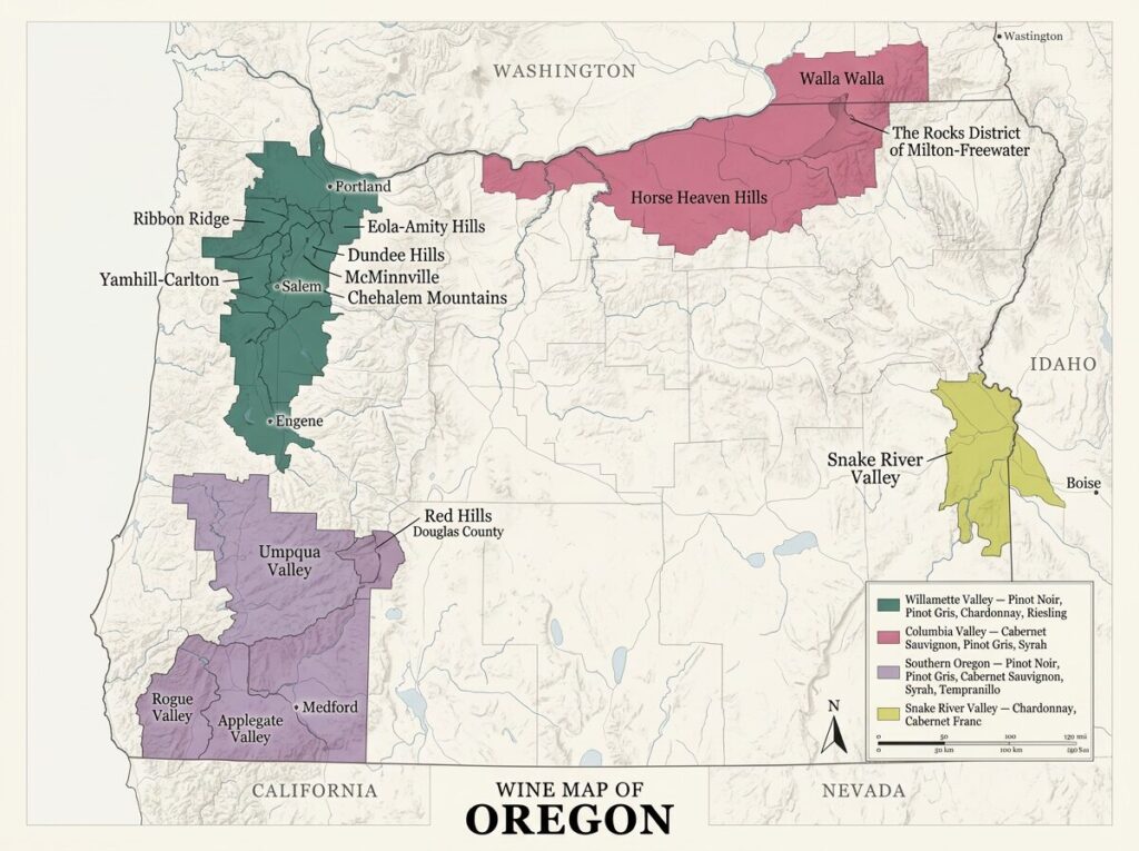 Map of Oregon and all the AVA - wine regions in the state