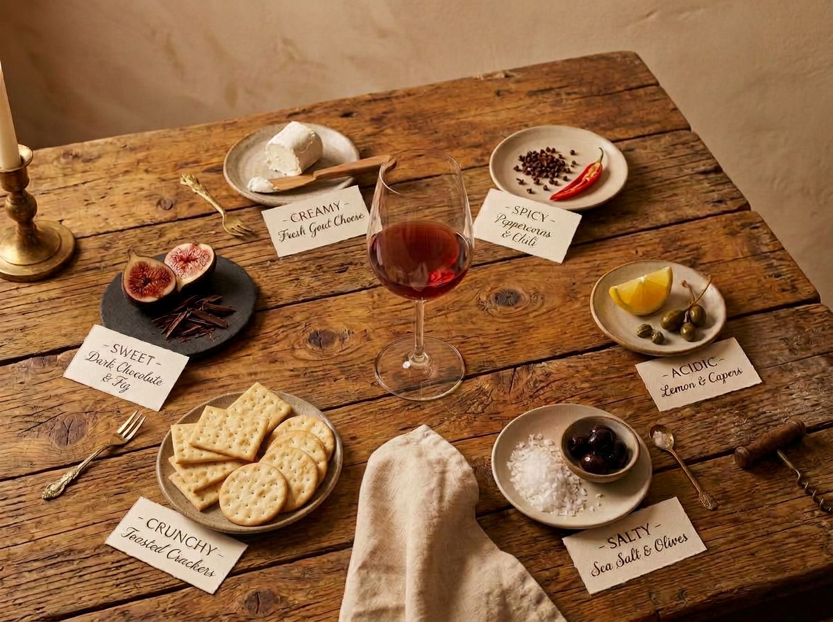 Monthly Table - tasting table Rustic wood table with five small plates representing sweet, spicy, crunchy, creamy and salty.